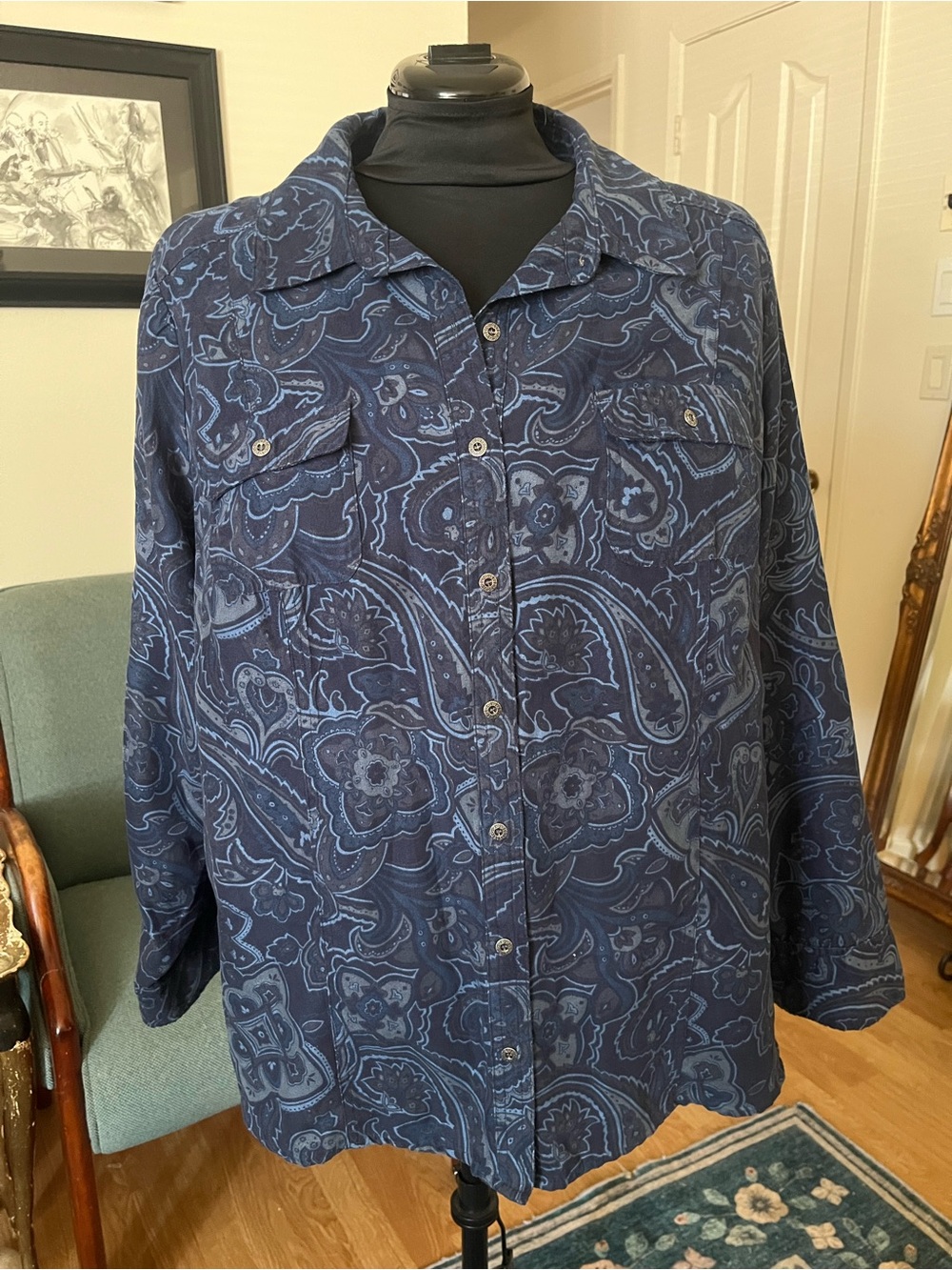 croft & barrow Navy Paisley Button-Front Jean Jacket “Shaket”